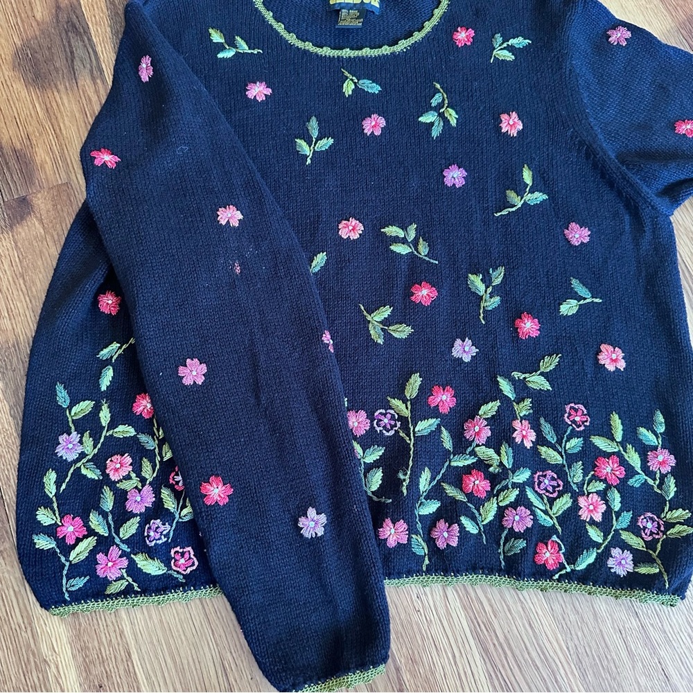 Candor Vintage Knit Black Sweater Women's XL Stitched Flowers Ramie & Cotton